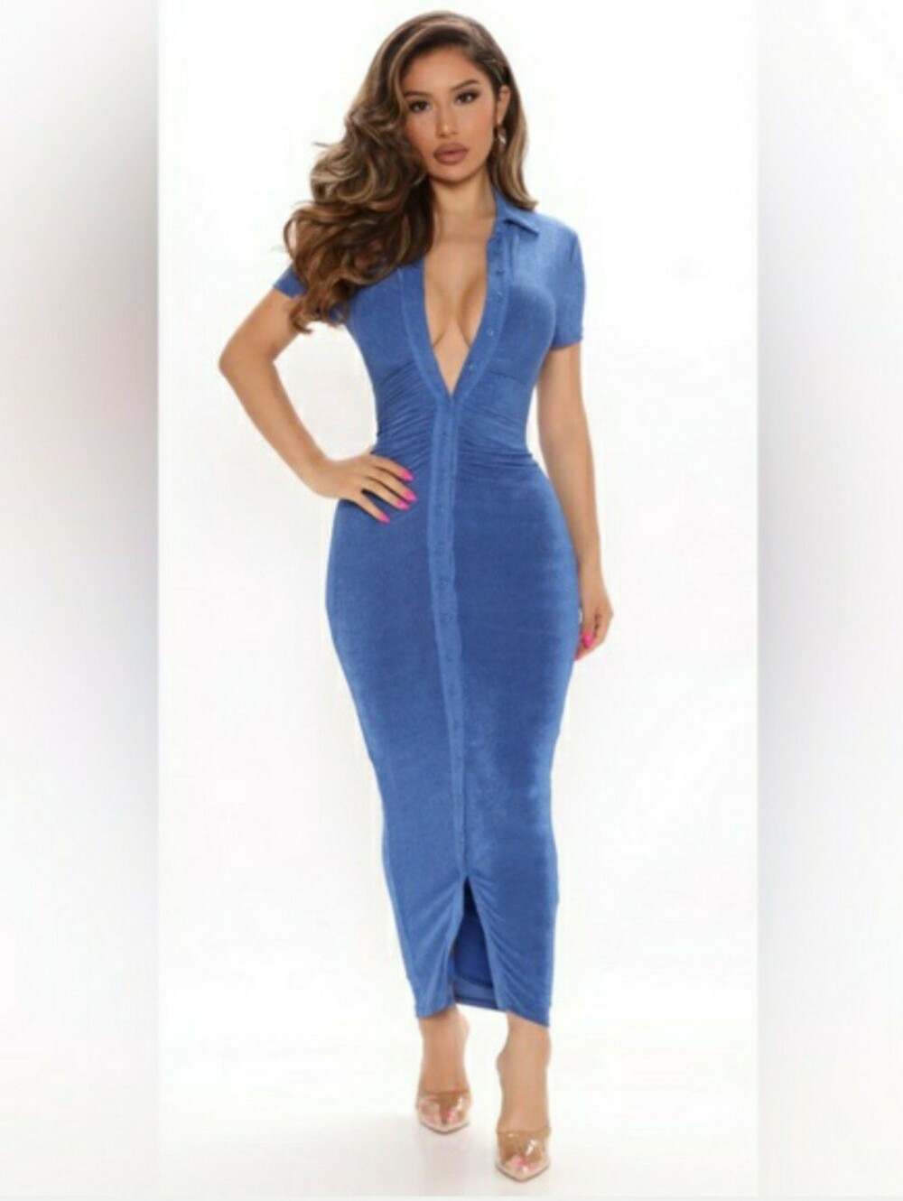 Fashion Nova Button Front Silky Smooth Slinky Maxi Dress Royal Blue Women 3X NWT